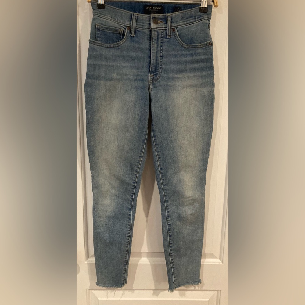 Lucky Brand Bridgette High Rise Skinny Frayed Raw Hem Medium Wash Jeans Sz 4 27